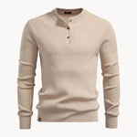 Ribbed Knit Round Neck Jumper with Button Closure for Men - Beige