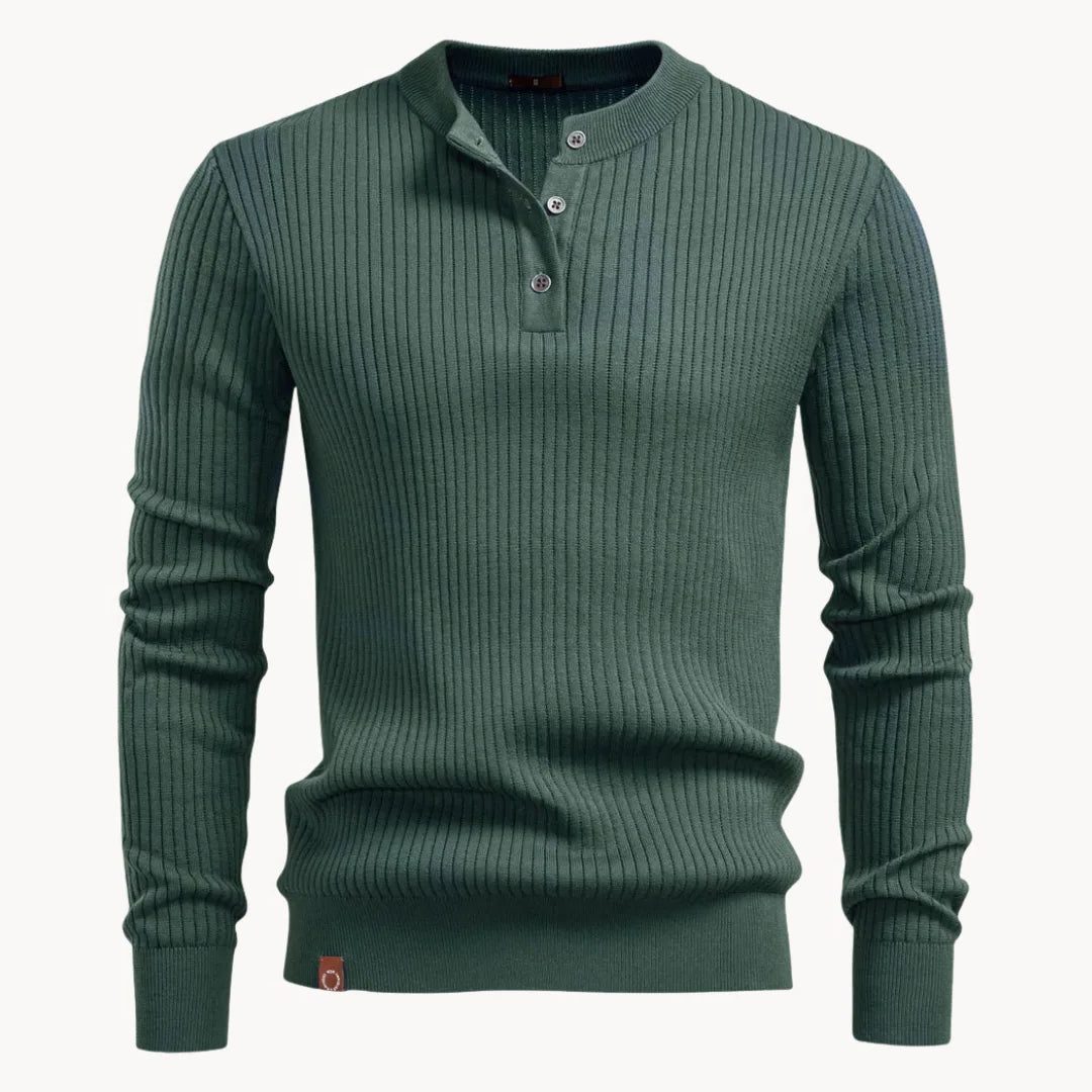 Ribbed Knit Round Neck Jumper with Button Closure for Men - Groen
