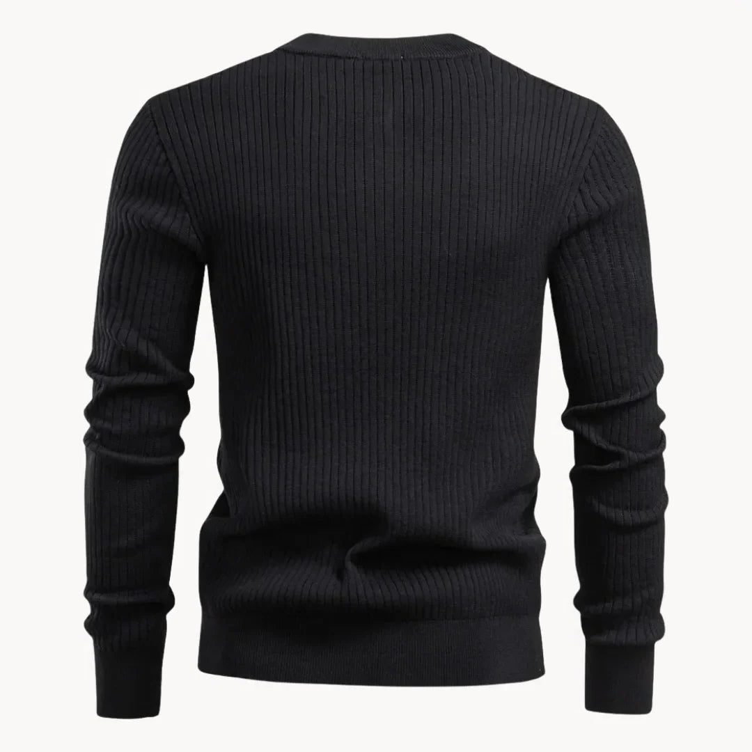 Ribbed Knit Round Neck Jumper with Button Closure for Men - View 2