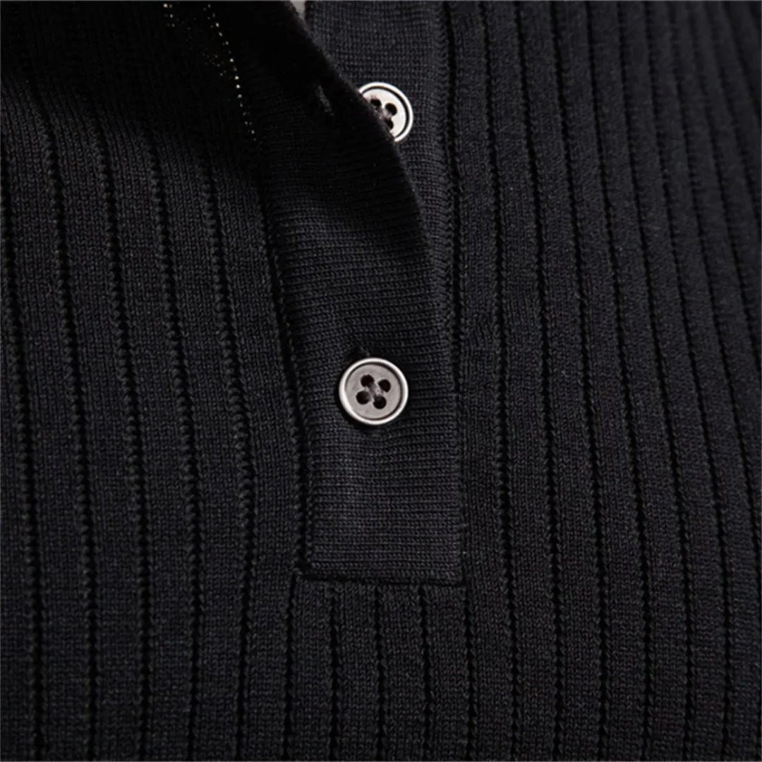 Ribbed Knit Round Neck Jumper with Button Closure for Men - View 3