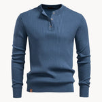 Ribbed Knit Round Neck Jumper with Button Closure for Men - Blauw