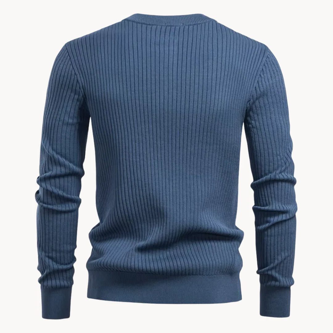 Ribbed Knit Round Neck Jumper with Button Closure for Men - View 8