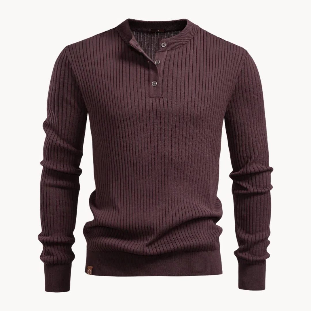 Ribbed Knit Round Neck Jumper with Button Closure for Men - Kastanjebruin