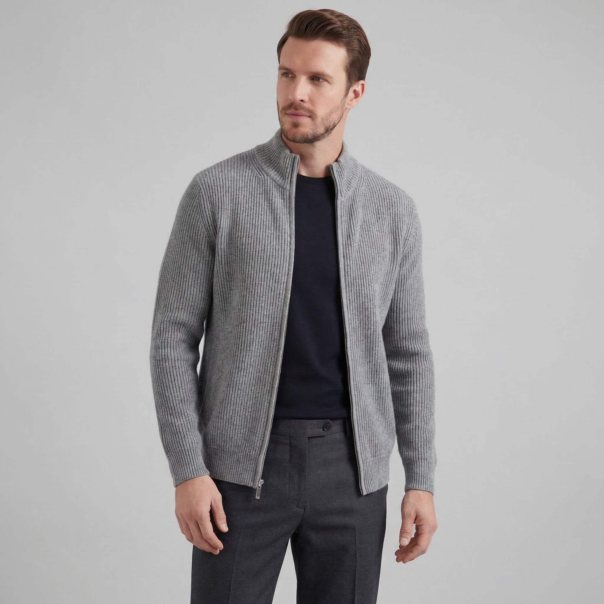 Ribbed Knit Zip-Up Cardigan for Men - Grey