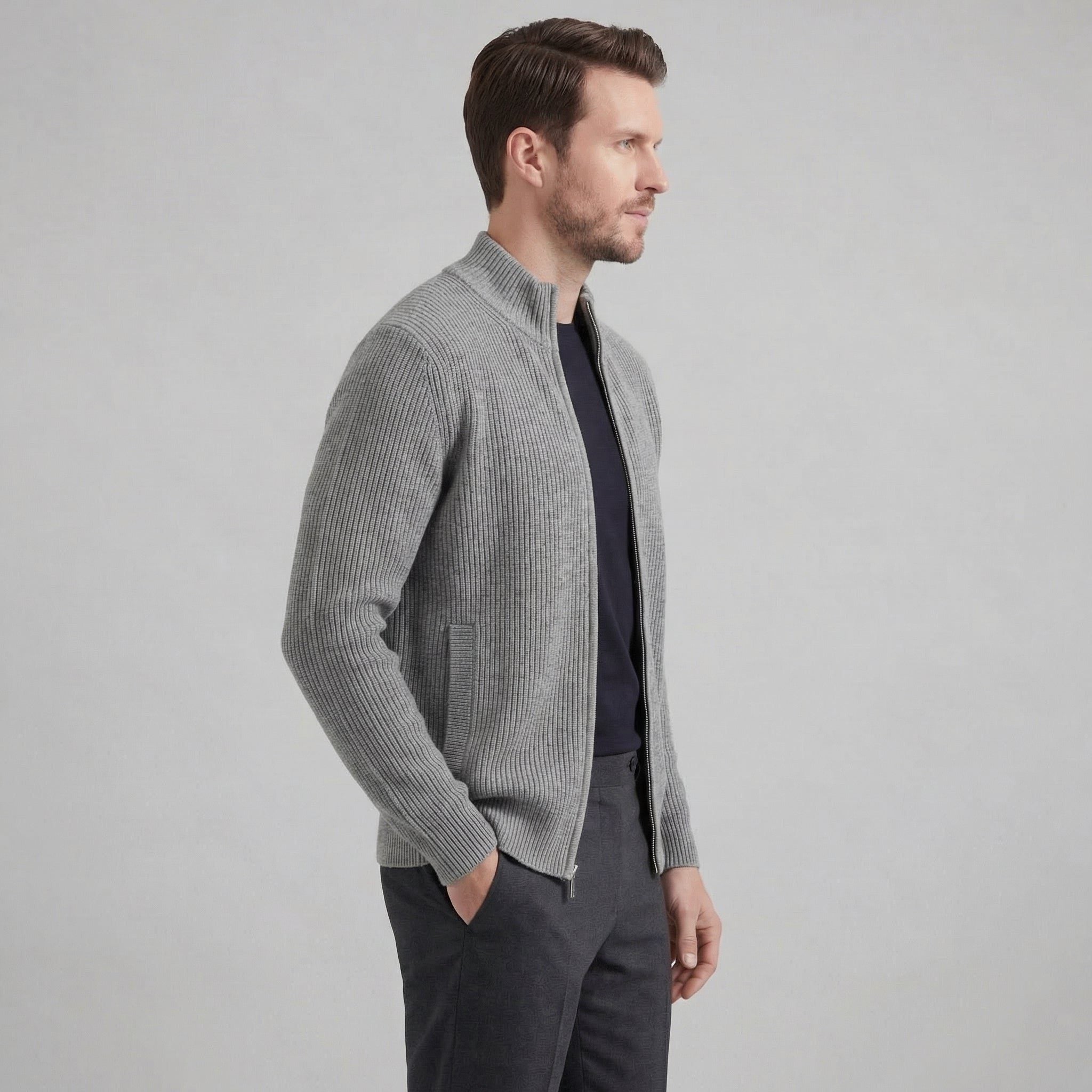 Ribbed Knit Zip-Up Cardigan for Men - View 12