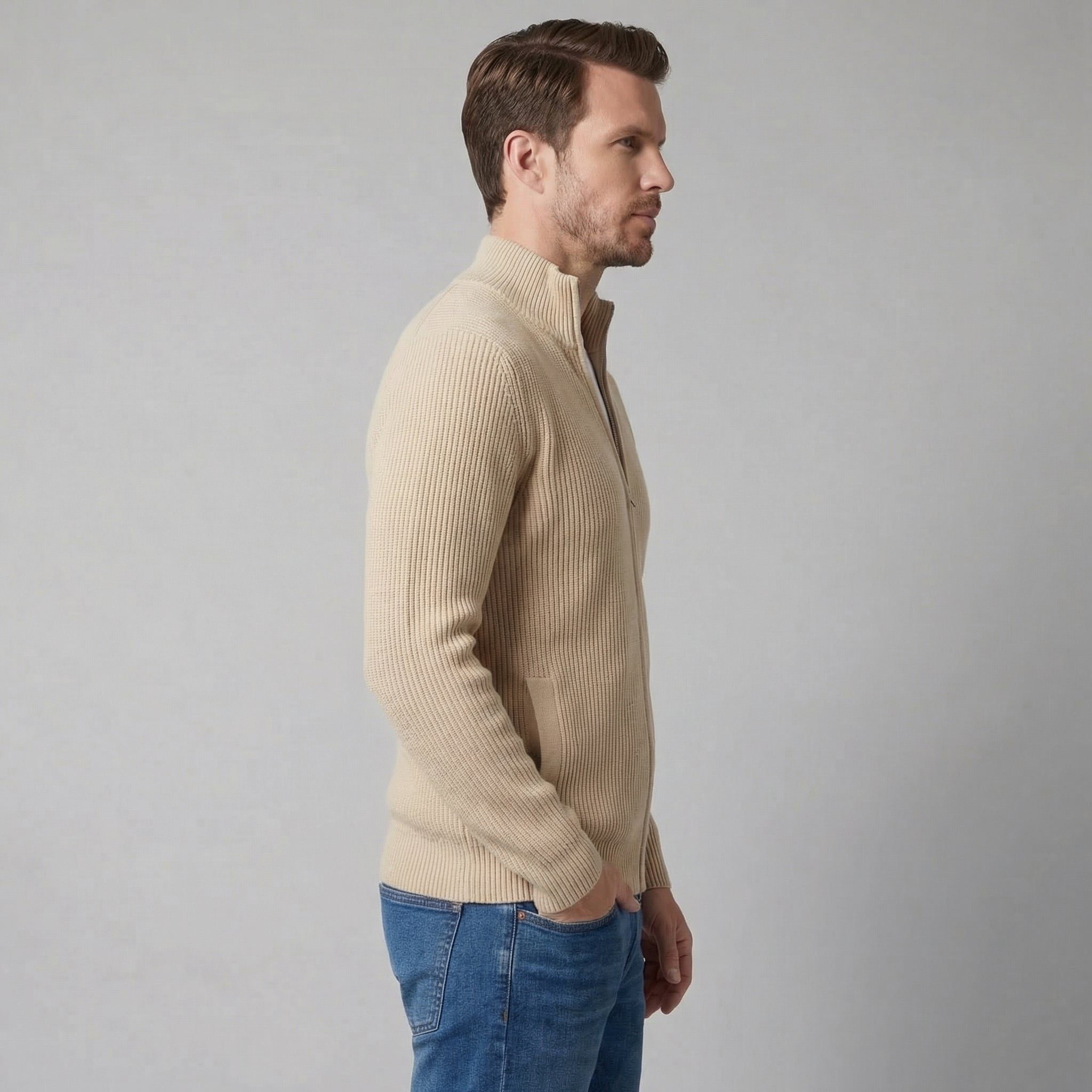 Ribbed Knit Zip-Up Cardigan for Men - View 2