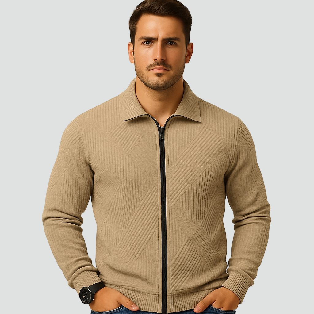 Ribbed Knit Zip-Up Jacket for Men