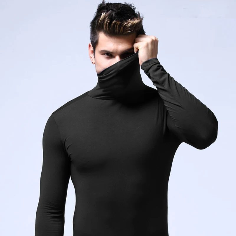 Roll Neck Long Sleeve Thermal Top for Men - Black