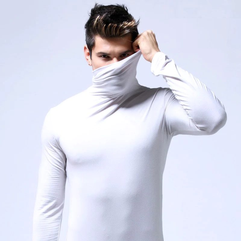 Roll Neck Long Sleeve Thermal Top for Men - White