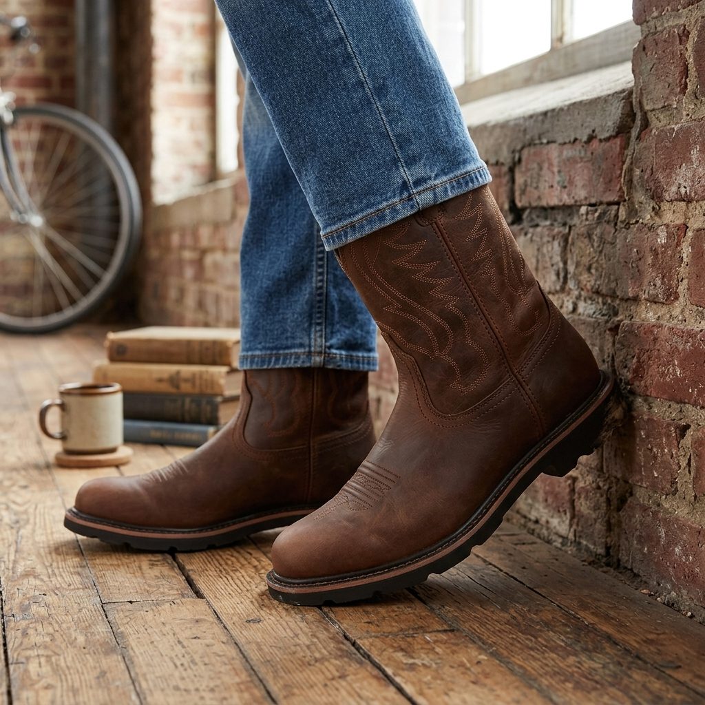 Round Toe Mid Calf Cowboy Boots for Men - Brown