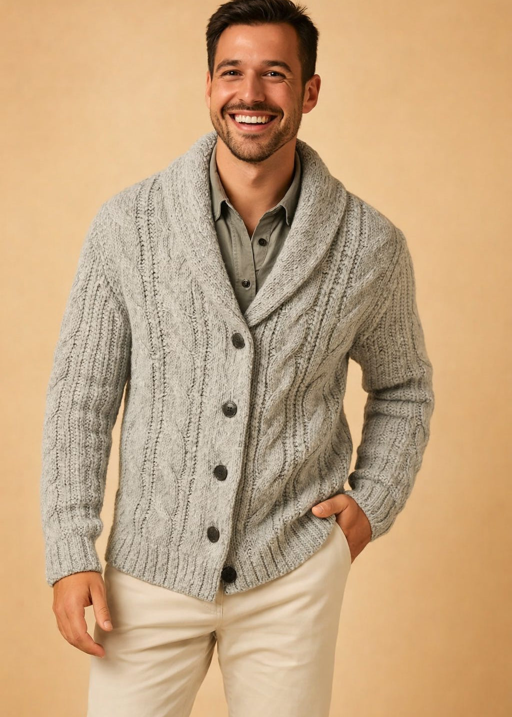 Shawl Collar Knit Cardigan for Men - Light Gray