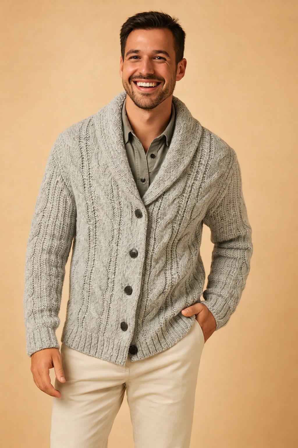 Shawl Collar Knit Cardigan for Men - Light Gray