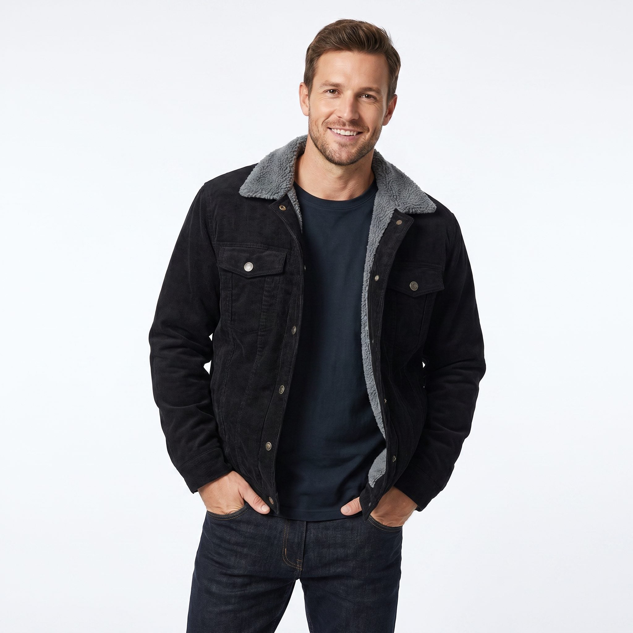 Sherpa-Lined Corduroy Jacket for Men - Black & Grey