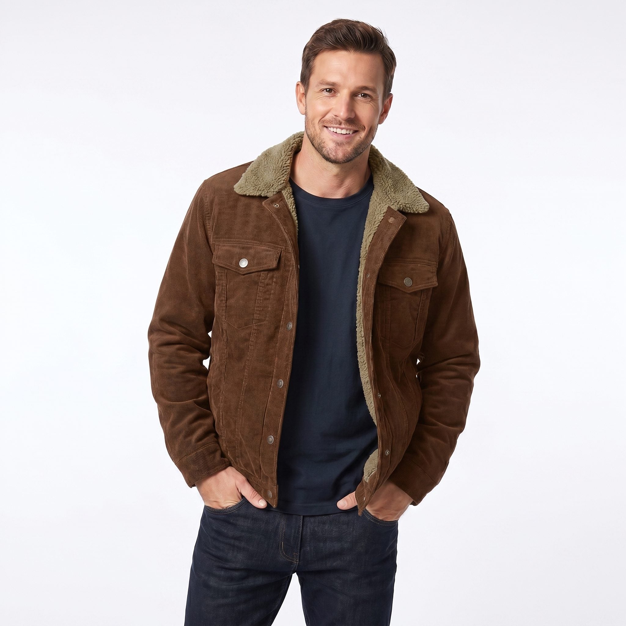 Sherpa-Lined Corduroy Jacket for Men - Brown