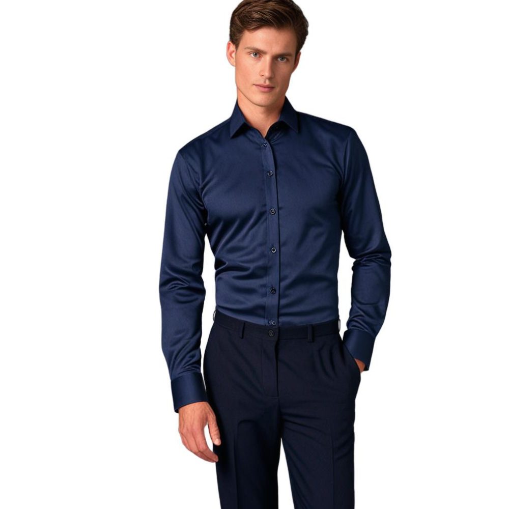Slim Fit Satin Shirt with Long Sleeves for Men - Navy