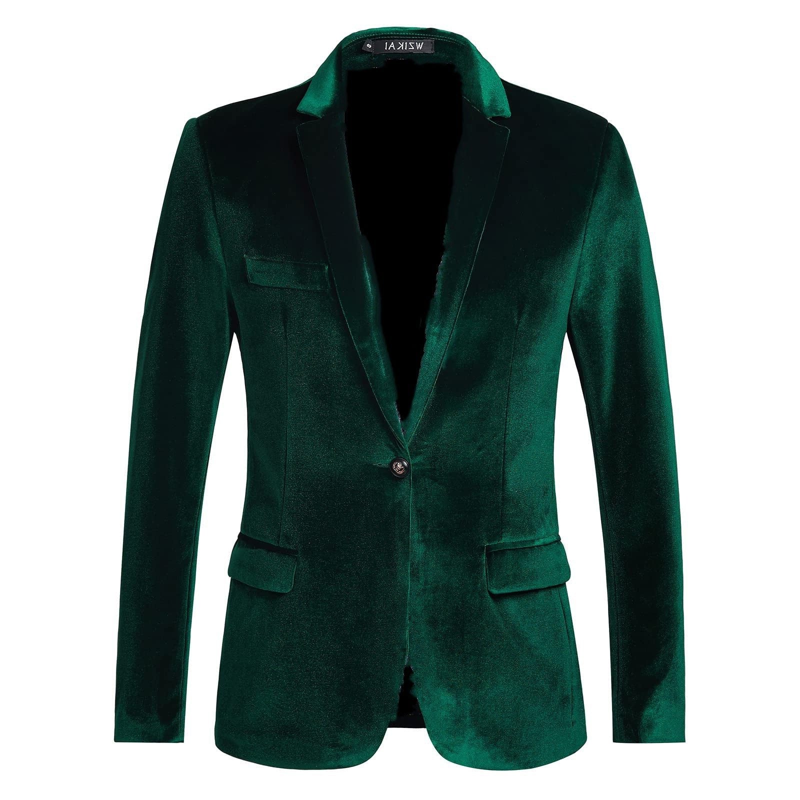 Velvet Slim Fit Blazer with Notch Lapel for Men - Green