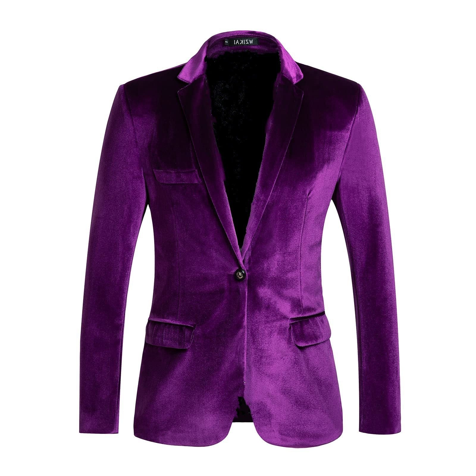 Velvet Slim Fit Blazer with Notch Lapel for Men - Purple
