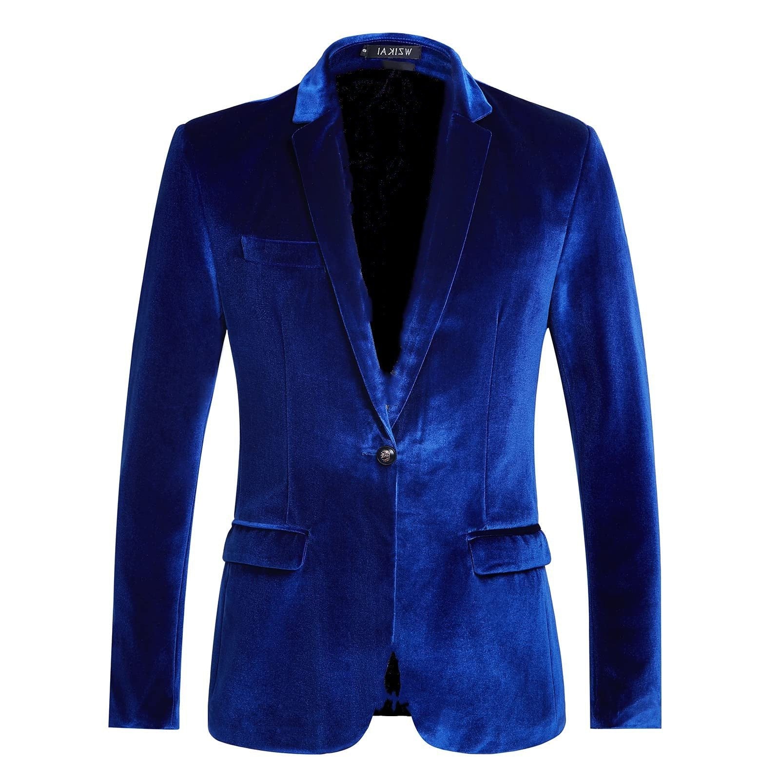 Velvet Slim Fit Blazer with Notch Lapel for Men - Blue