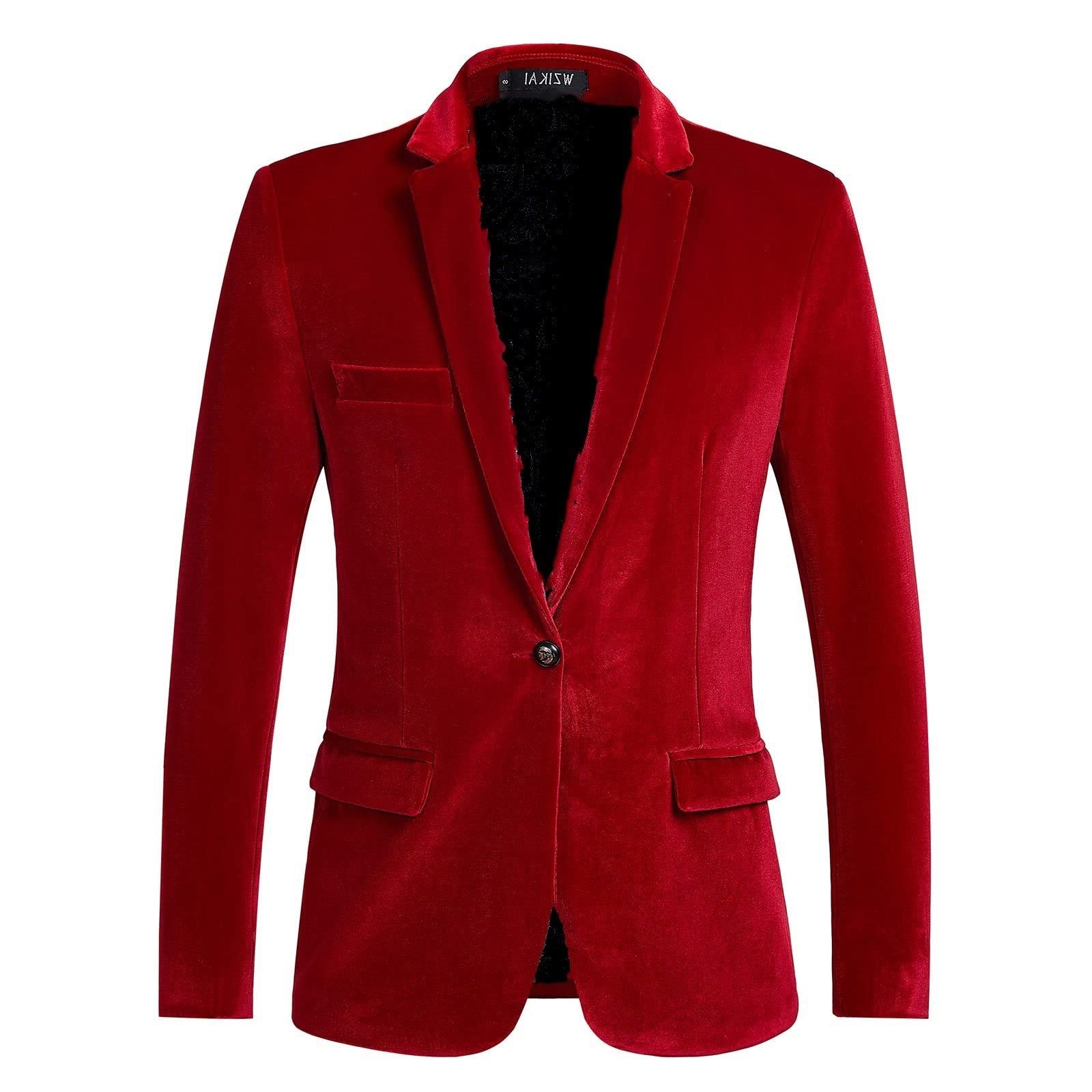 Velvet Slim Fit Blazer with Notch Lapel for Men - Red