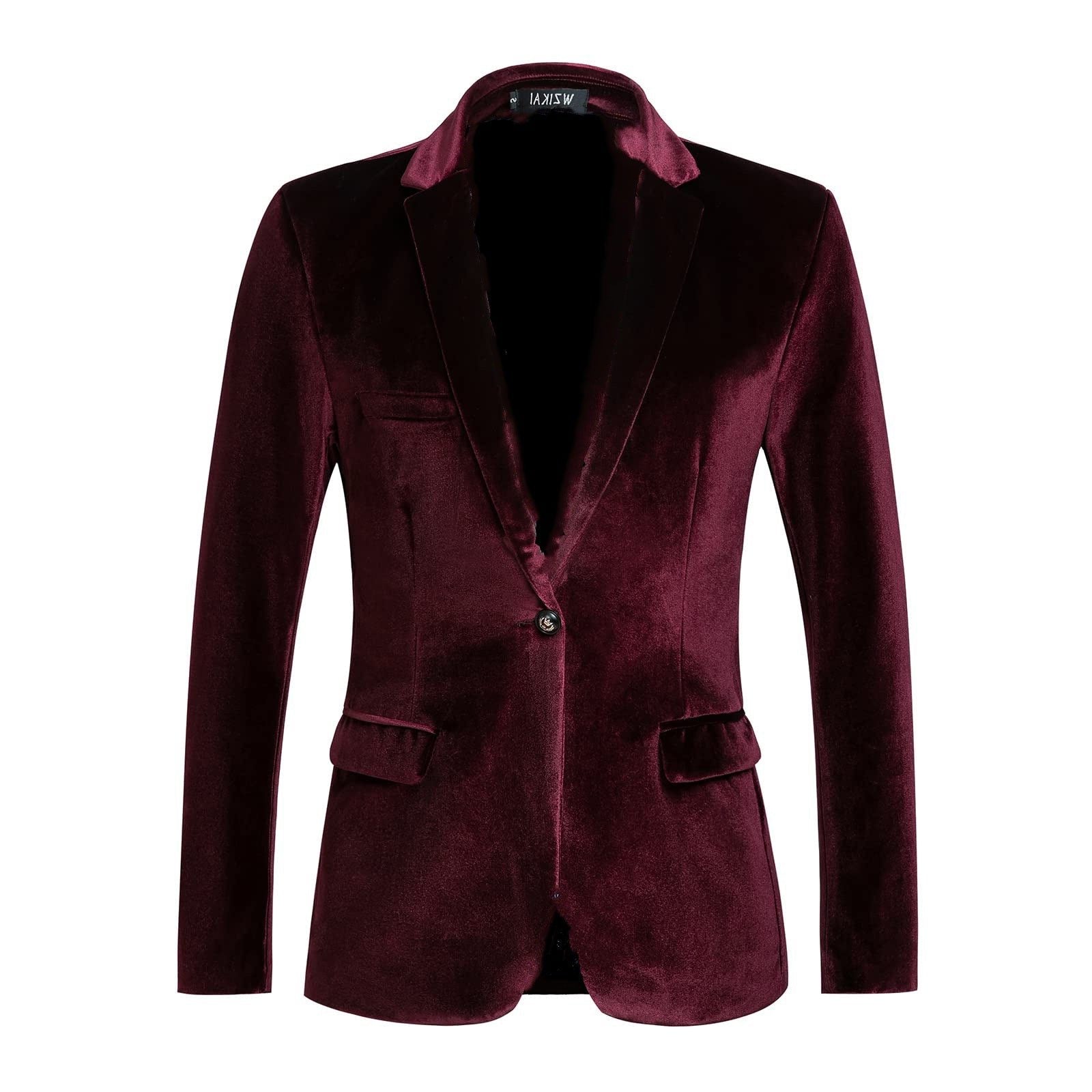 Velvet Slim Fit Blazer with Notch Lapel for Men - Burgundy