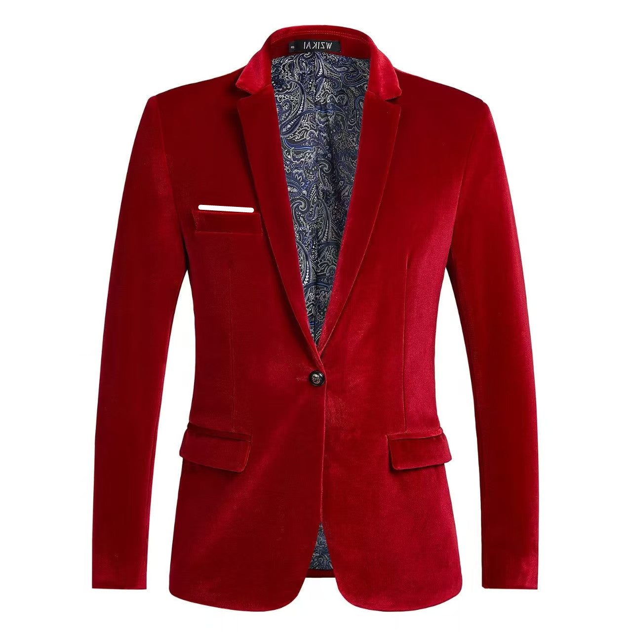 Slim Fit Velvet Blazer with Patterned Lining for Men - Red