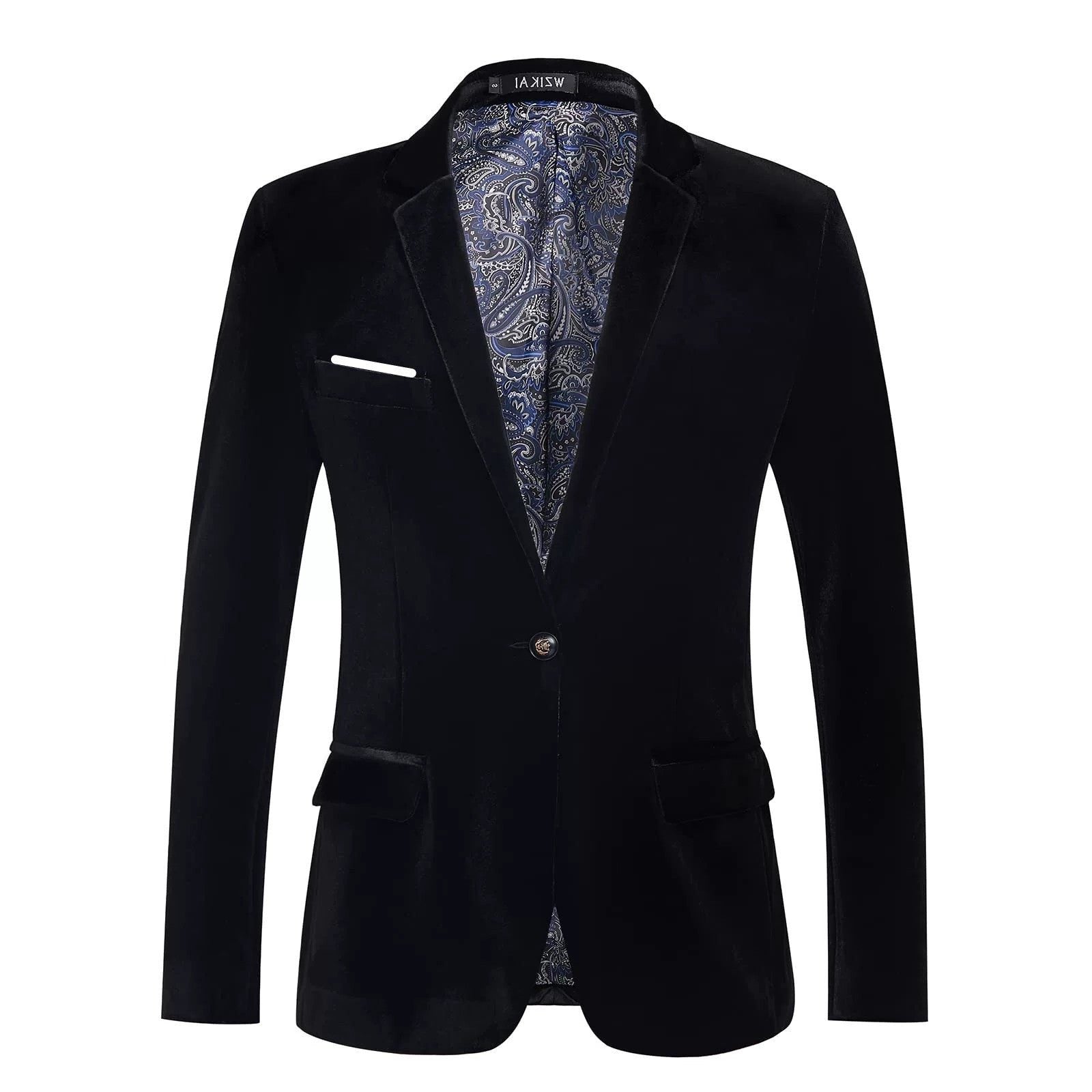 Slim Fit Velvet Blazer with Patterned Lining for Men - Black