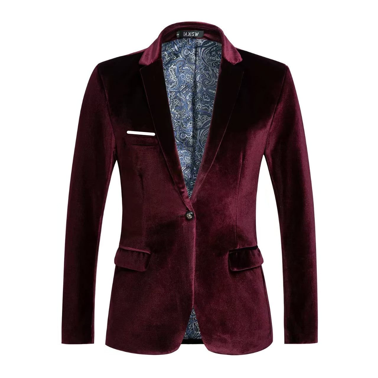 Slim Fit Velvet Blazer with Patterned Lining for Men - Burgundy