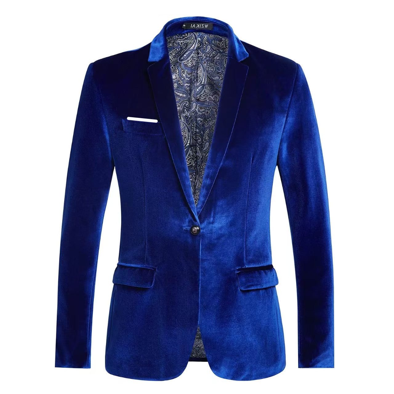Slim Fit Velvet Blazer with Patterned Lining for Men - Blue