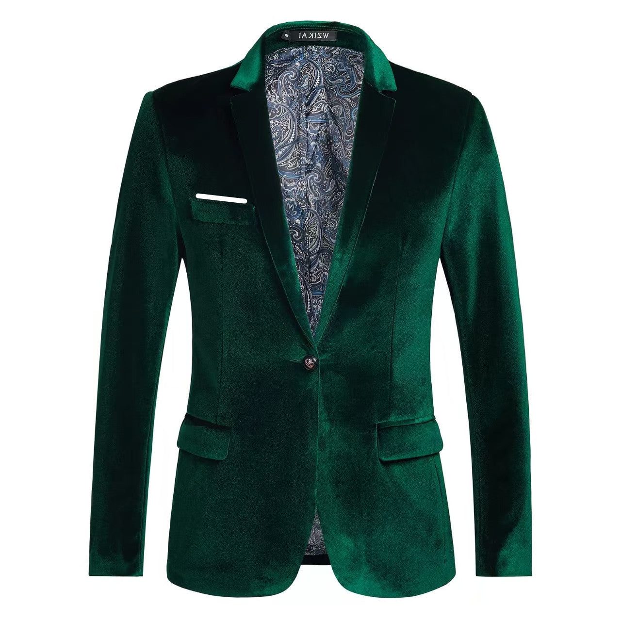 Slim Fit Velvet Blazer with Patterned Lining for Men - Green