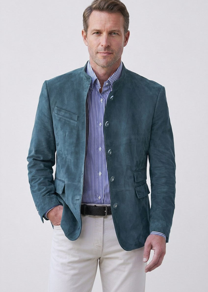 Stand Collar Suede Look Jacket for Men - Blue