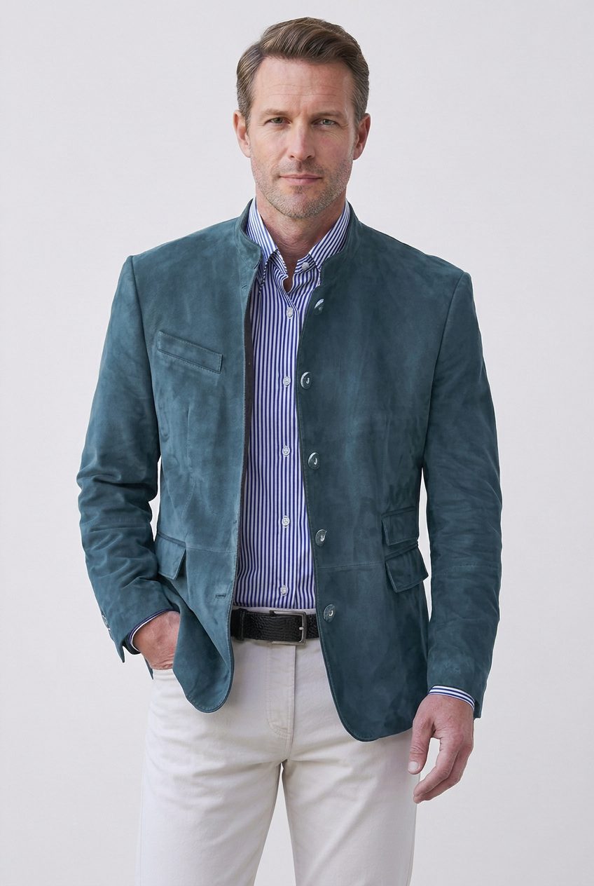 Stand Collar Suede Look Jacket for Men - Blue