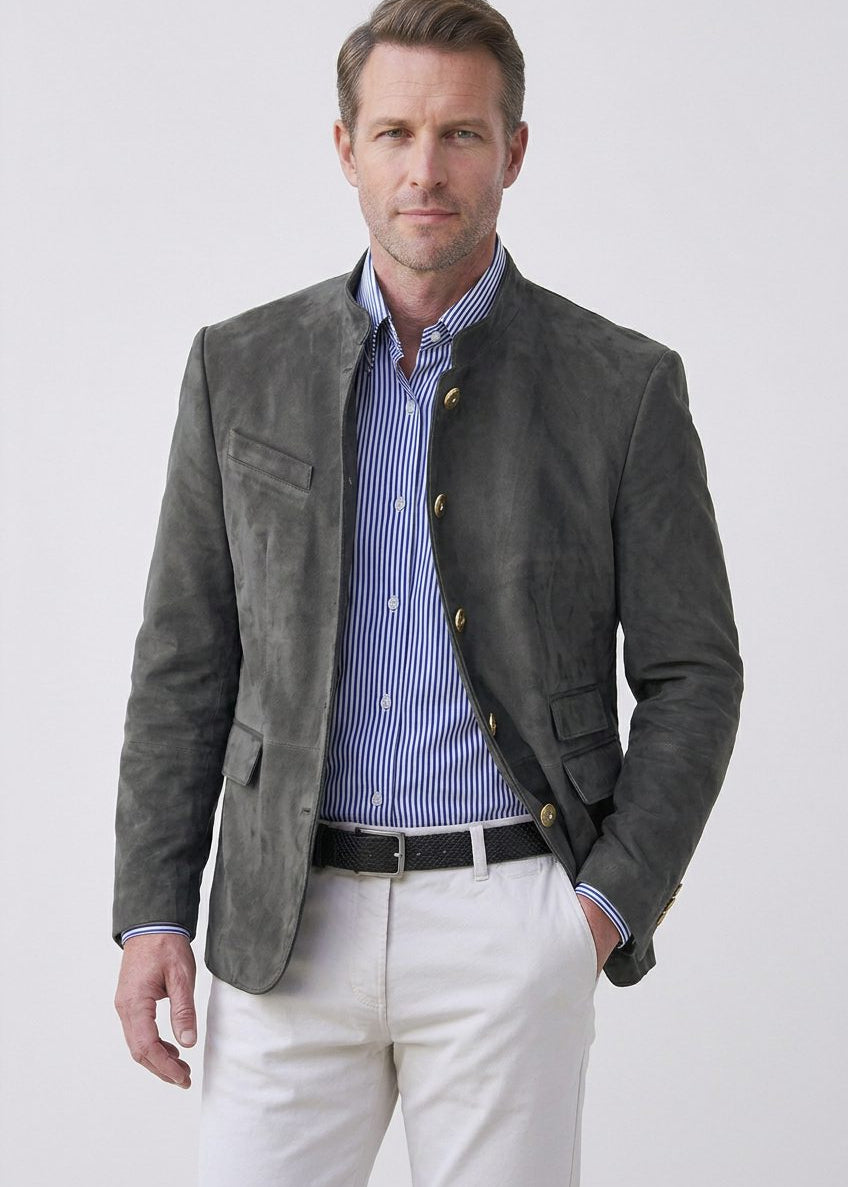 Stand Collar Suede Look Jacket for Men - Slate Grey