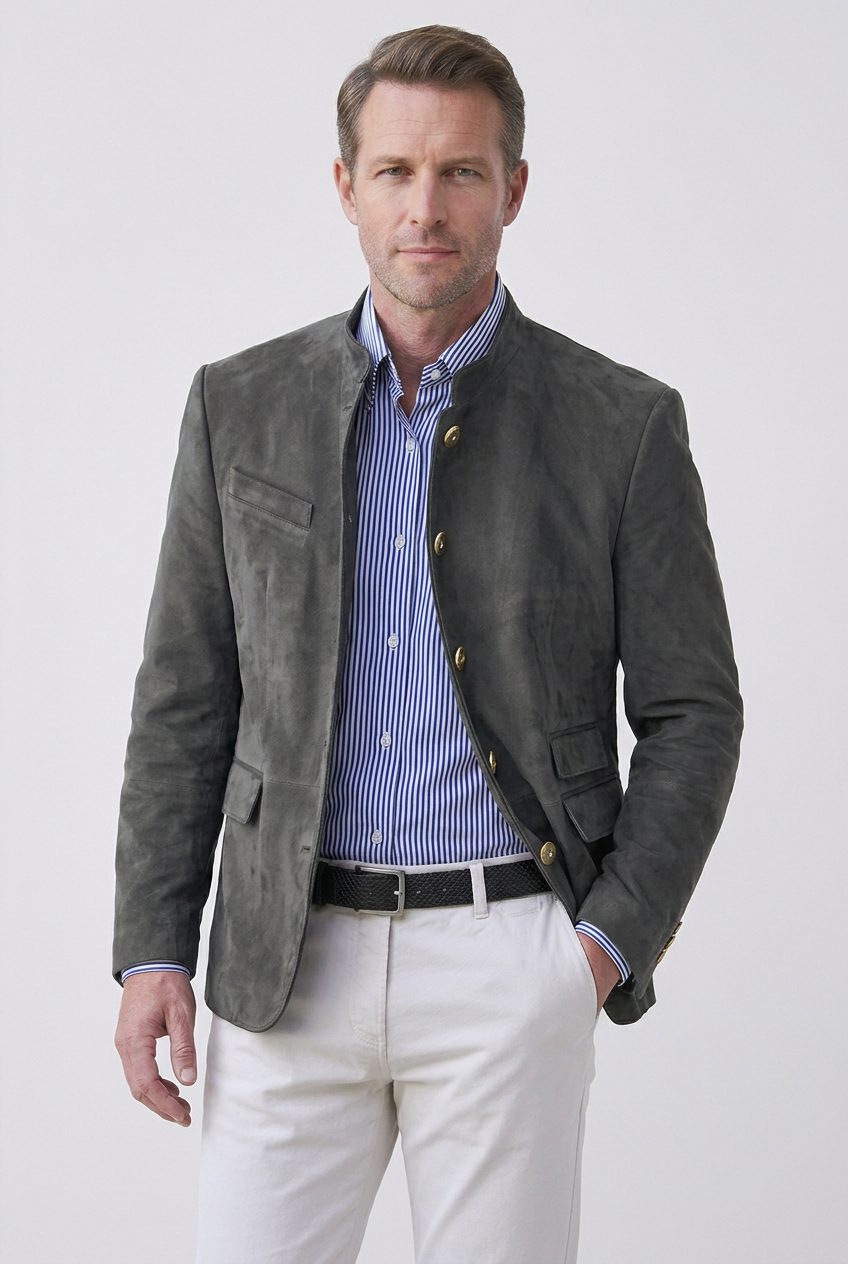 Stand Collar Suede Look Jacket for Men - Slate Grey
