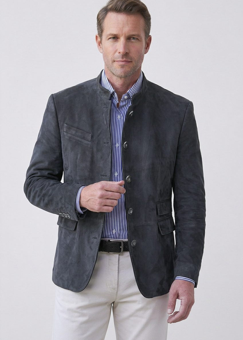 Stand Collar Suede Look Jacket for Men - Charcoal Grey