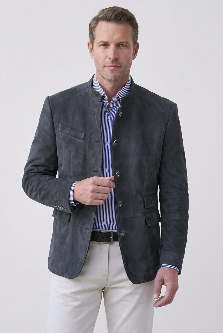 Stand Collar Suede Look Jacket for Men - Charcoal Grey