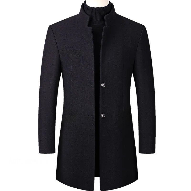 Stand Collar Wool Coat for Men - Navy Blue