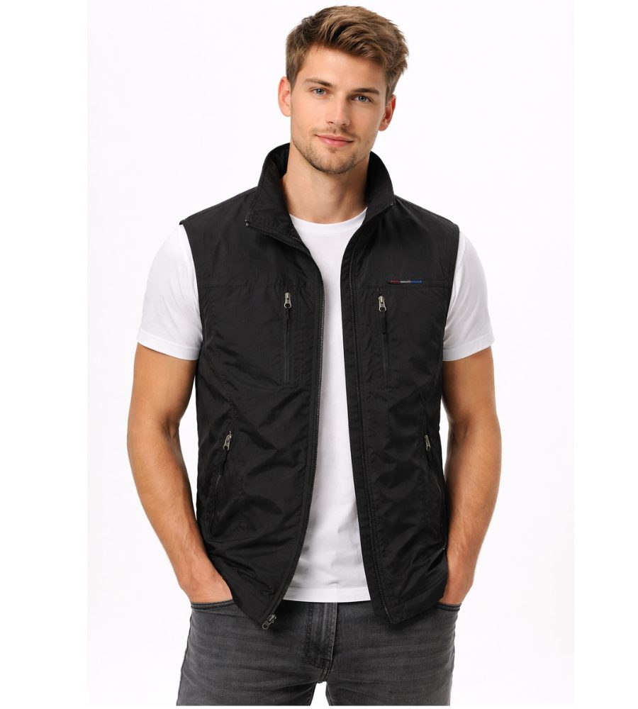 Stand Collar Zip-Up Gilet for Men - Zwart