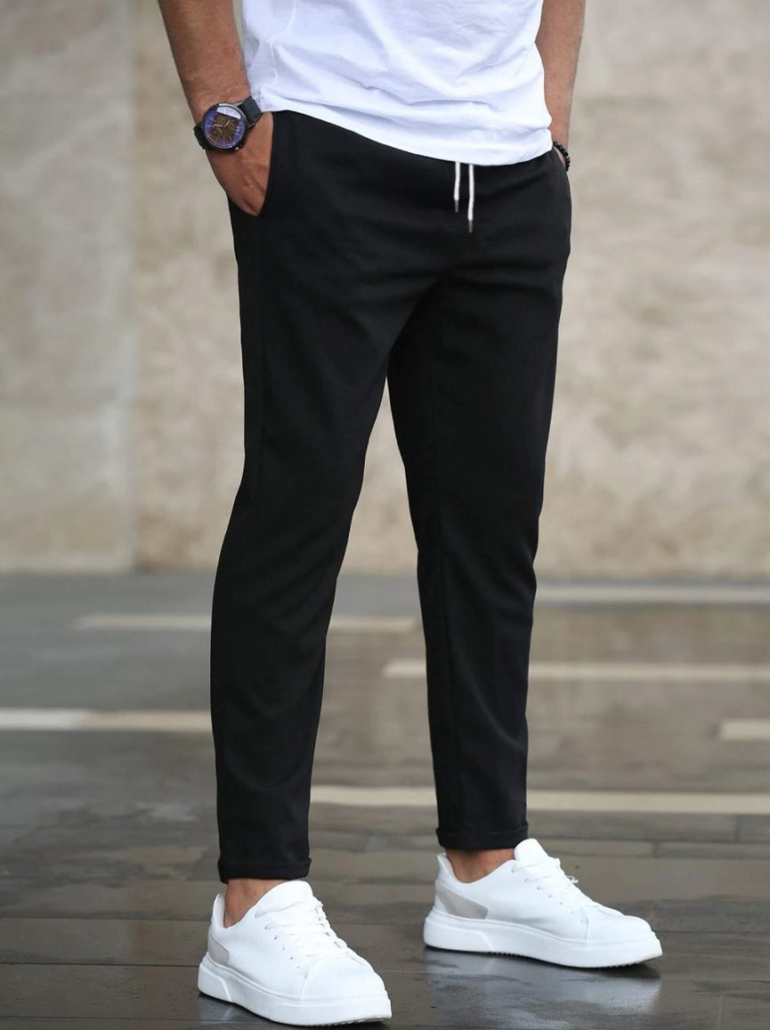 Straight Leg Casual Trousers for Men - Zwart