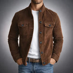 Suede Overshirt with Chest Pockets for Men - Dark Brown