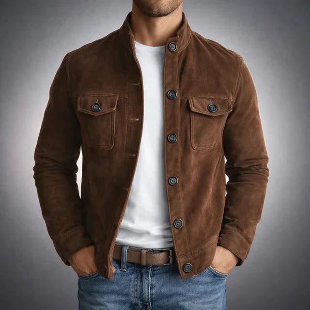 Suede Overshirt with Chest Pockets for Men - Dark Brown