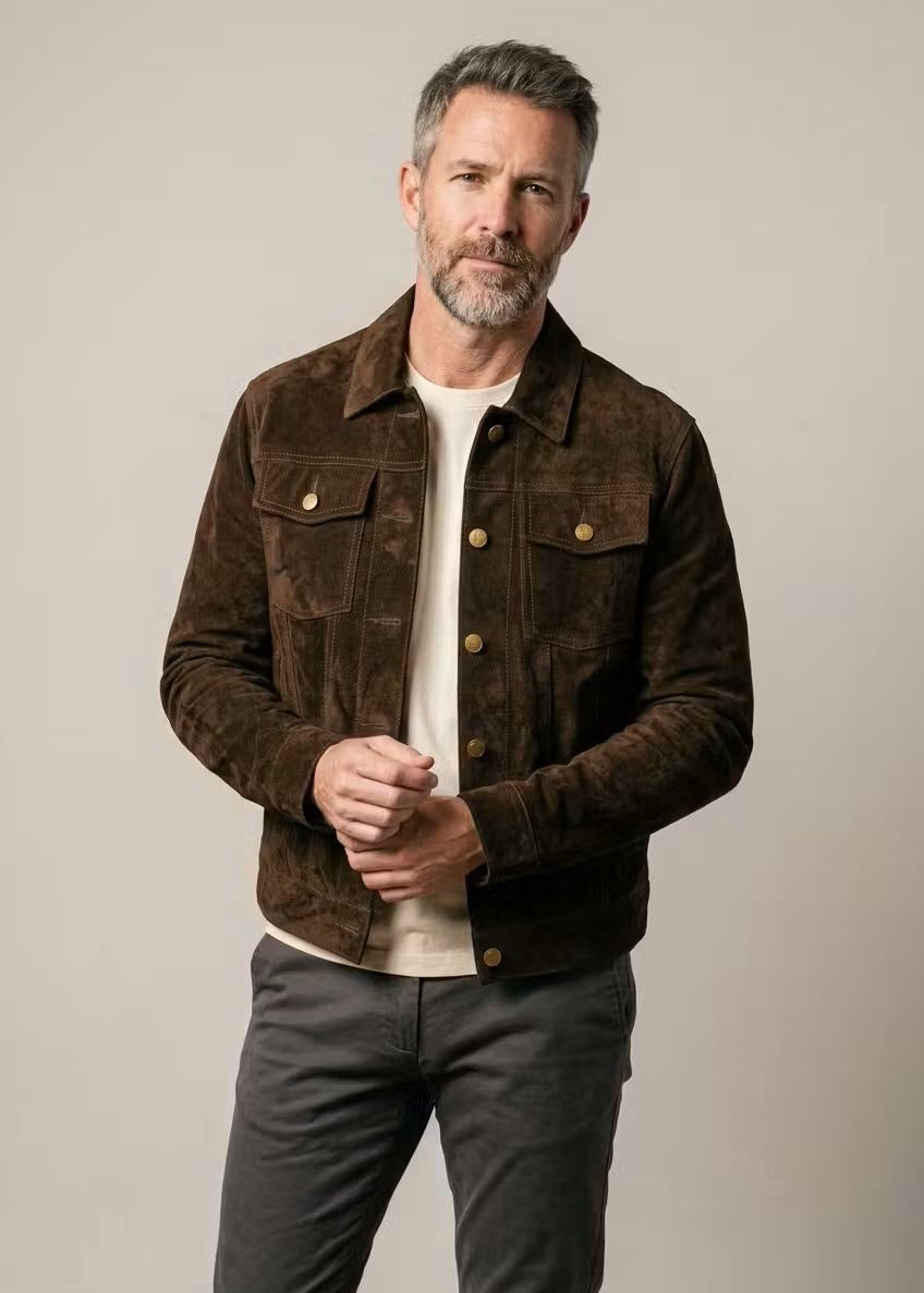 Suede Shirt Jacket with Button-Down Closure for Men
