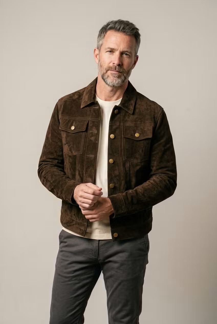 Suede Shirt Jacket with Button-Down Closure for Men