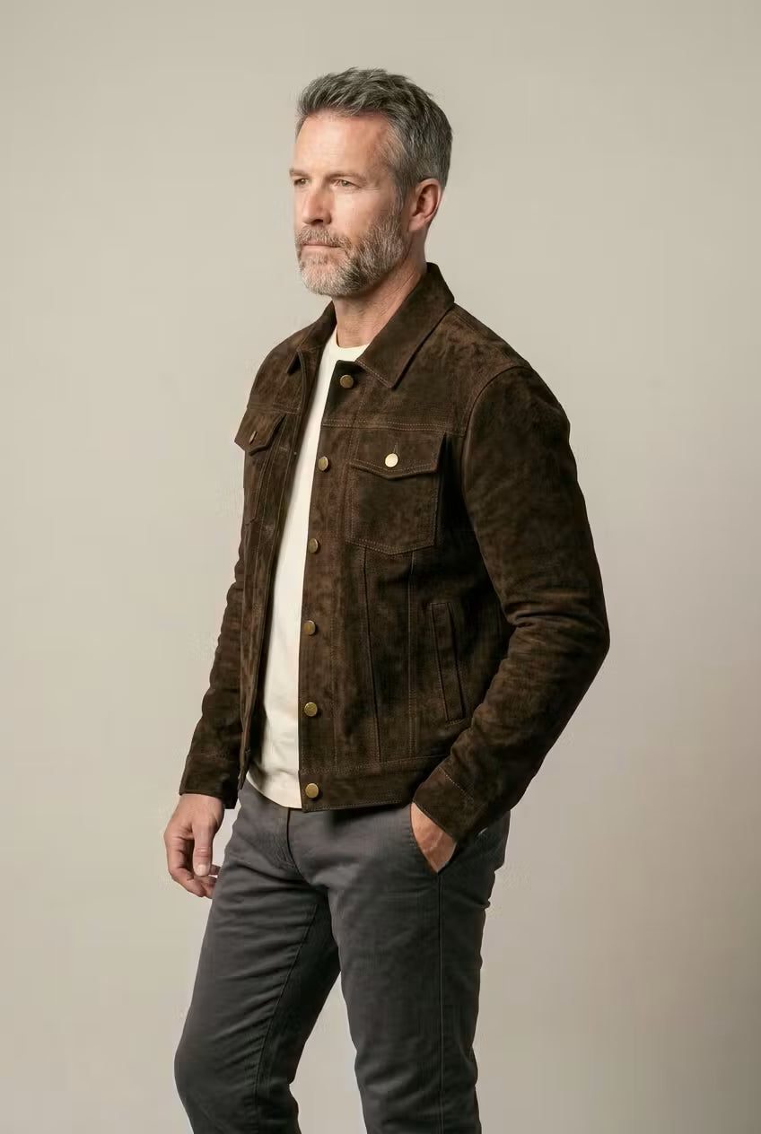 Suede Shirt Jacket with Button-Down Closure for Men - View 3