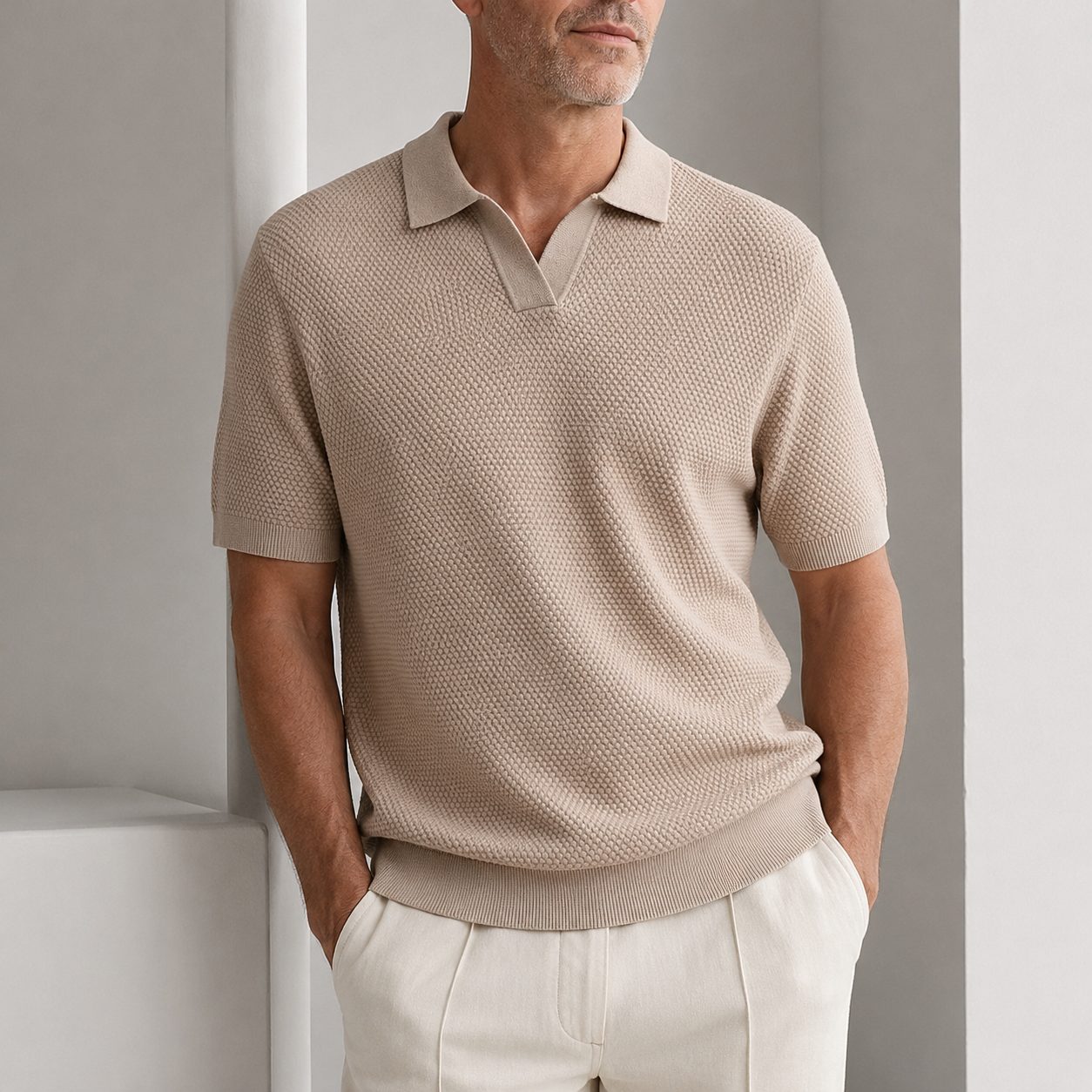 Textured Polo Shirt for Men - Beige
