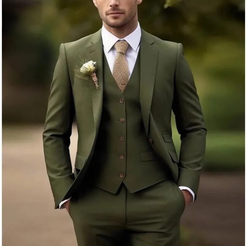 Three-Piece Suit Set with Waistcoat for Men - Zielony