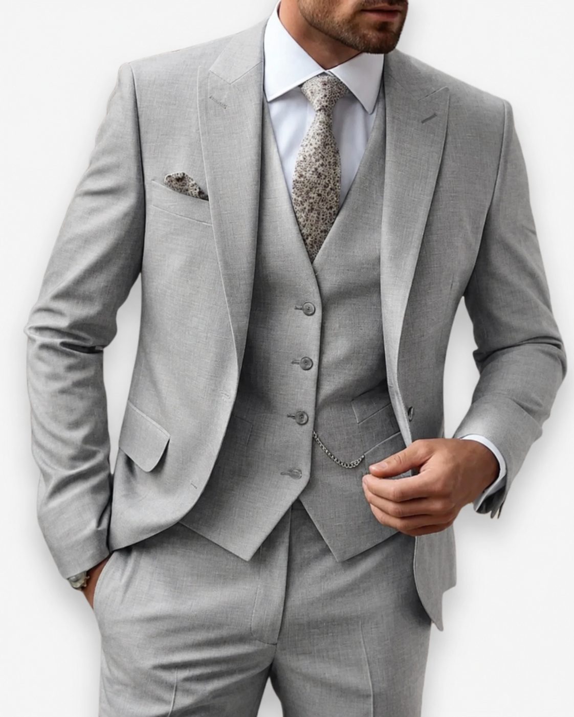 Three-Piece Suit with Waistcoat for Men - Light Grey