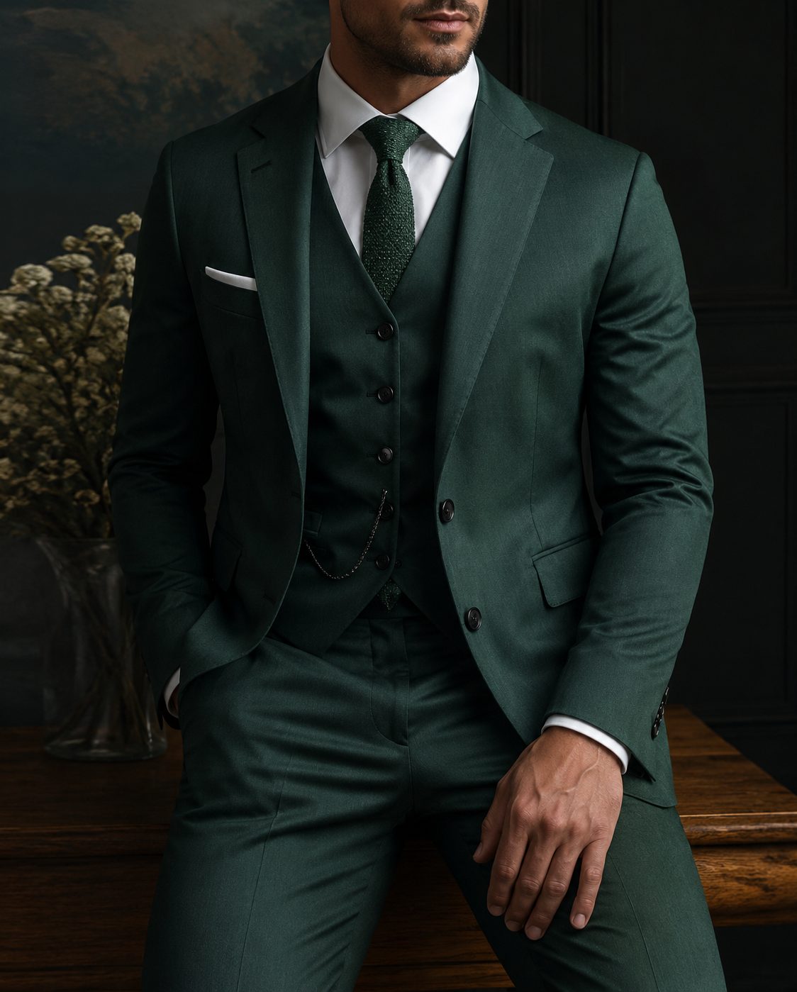 Three-Piece Suit with Waistcoat for Men - Olive Moss