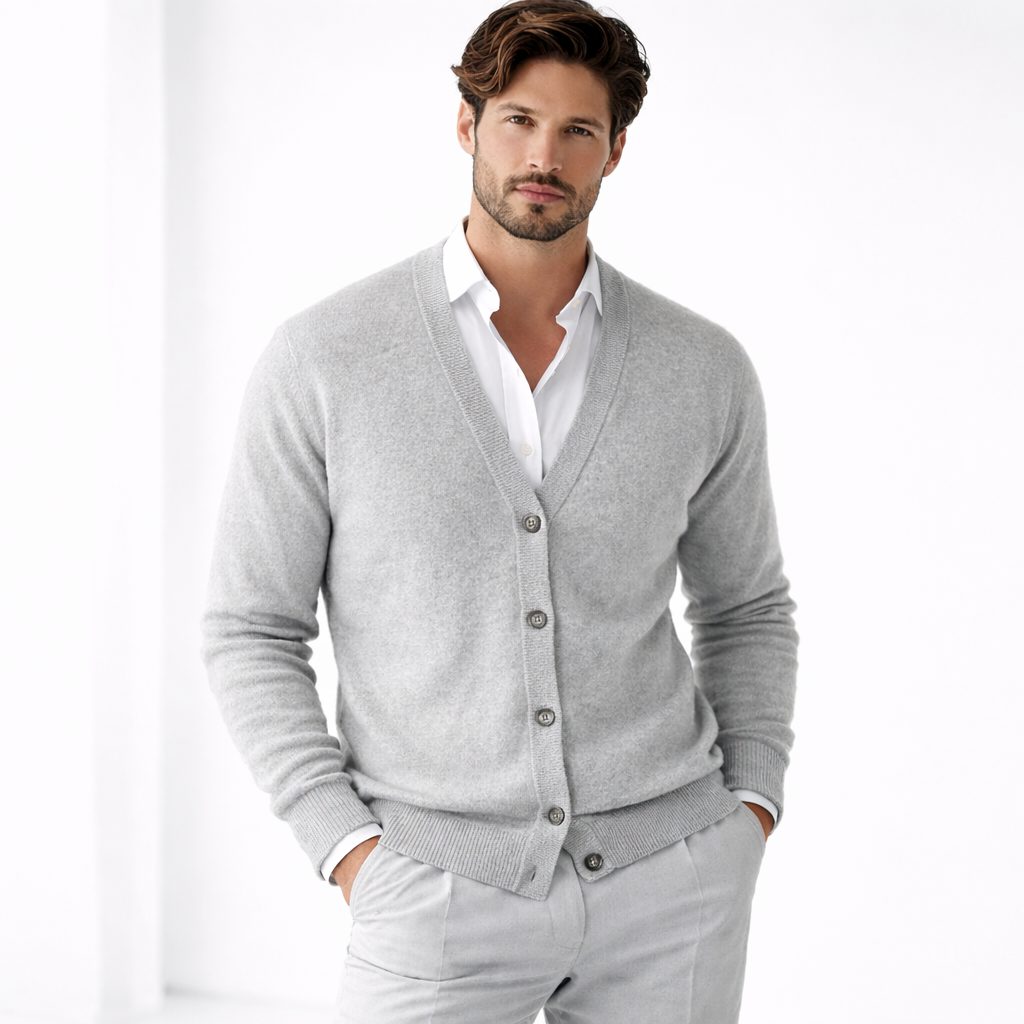 V-Neck Knit Cardigan with Button Closure for Men - Grey