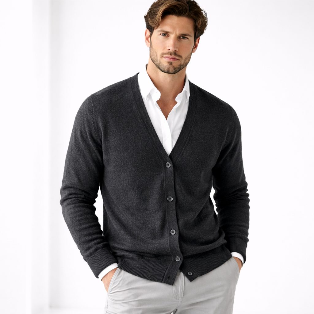 V-Neck Knit Cardigan with Button Closure for Men - Dark Grey