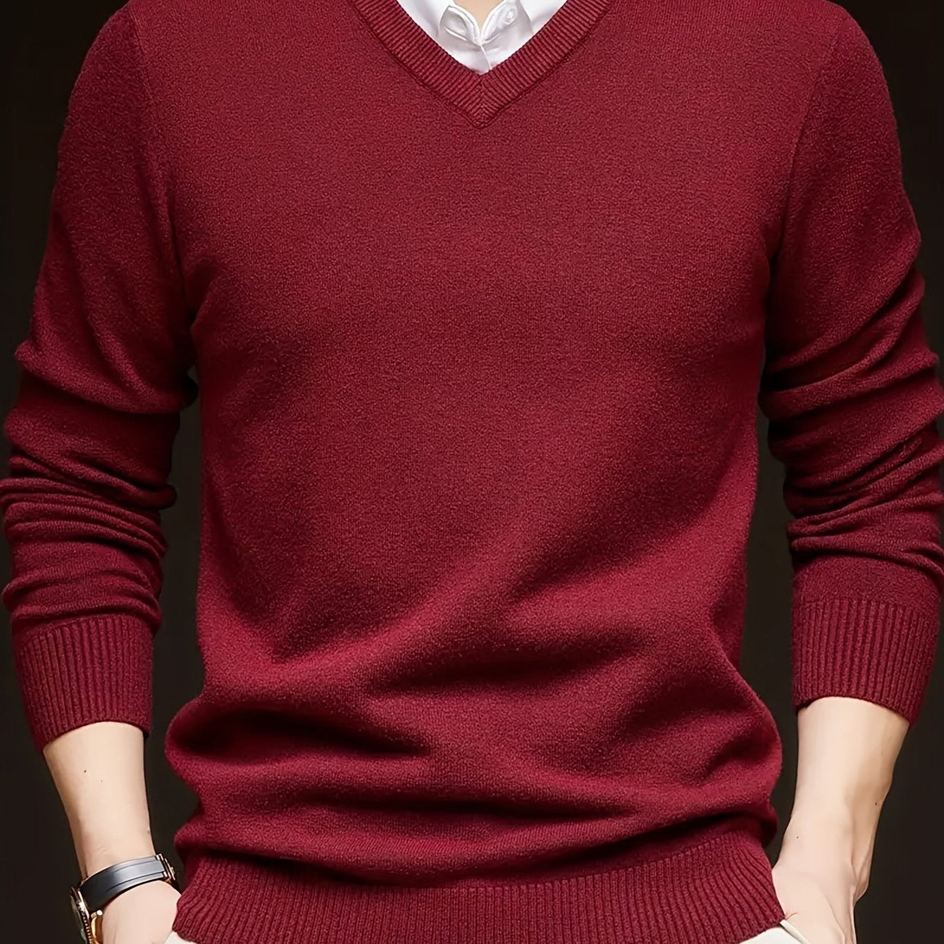 V-Neck Knit Jumper for Women - Burgundy